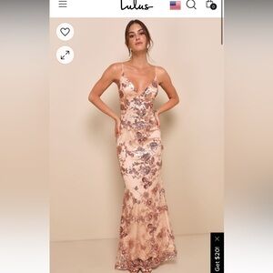 Lulu’s Shine Language Rose Gold Sequin Mermaid Maxi Dress prom wedding formal